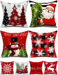 Double-Sided Print Christmas Pillow Covers 18''x18'', Set of 4, 8 Christmas Patterns Christmas Tree, Snowman, Snowflakes, Merry Christmas, Deer, Santa Claus,Truck, Let It Snow, Soft Linen Material