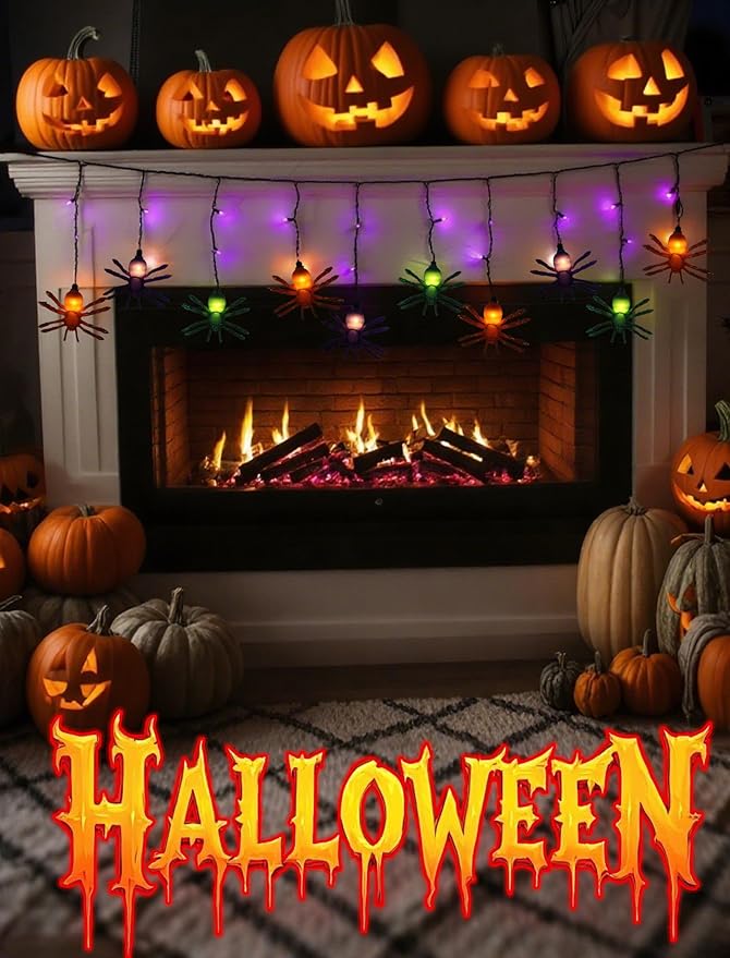 7Ft Halloween Spider String Lights, Halloween Decorations Lights with 10 LED Colorful Spider Lights 15 Mini Purple Bulbs, Hanging Fairy Lights for Outdoor Curtain Garden Porch Bar Party Bedroom Decor