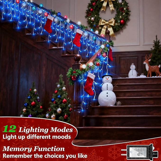 670 LED Christmas Lights Outdoor, 66ft Blue String Lights Indoor with 148 Drops 12 Modes, Dimmable Curtain Window Lights, Waterproof Twinkle Fairy Lights with Timer for Bedroom Christmas Decorations