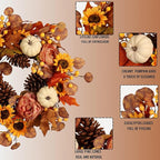 Artificial Fall Autumn Wreath 22 in with Sunflower,Peony,Pumpkin, Eucalyptus Leaf for Front Door Thanksgiving Wreaths Wall Window Harvest Festival Celebration