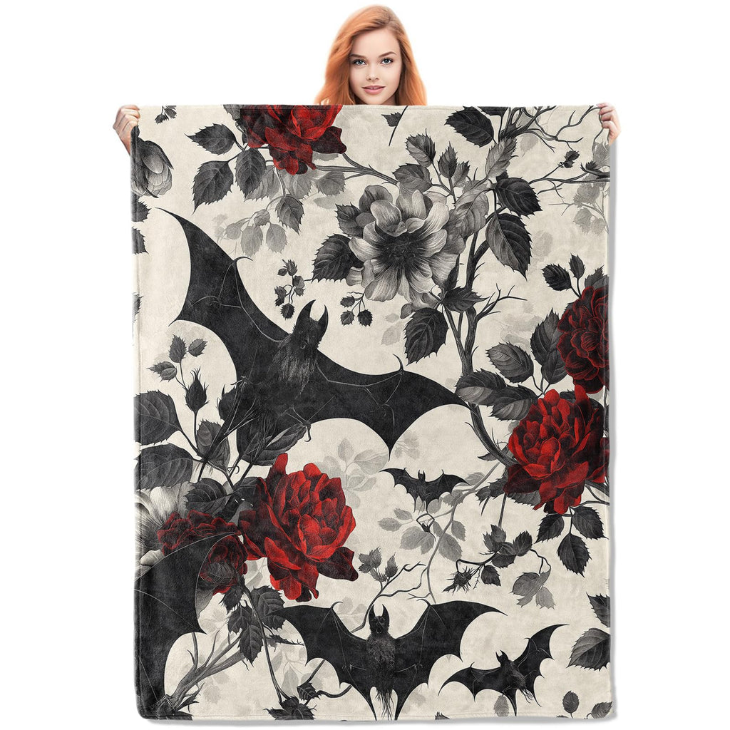VANZEV Gothic Floral Blanket,Roses and Bat Flannel Throw Blankets,Soft Warm Lightweight Cozy Plush Halloween Goth Throws for Bedroom Sofa Home Decor Gifts for Women Girls 50"x60"