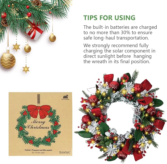Solar Christmas Wreath 28 Inch Pre-Lit Solar 50 Led Artificial Wreath Outdoor Front Door Window Christmas Decorations with Frosted Branches Pine Cones Red Velvet Bows Balls (2809)