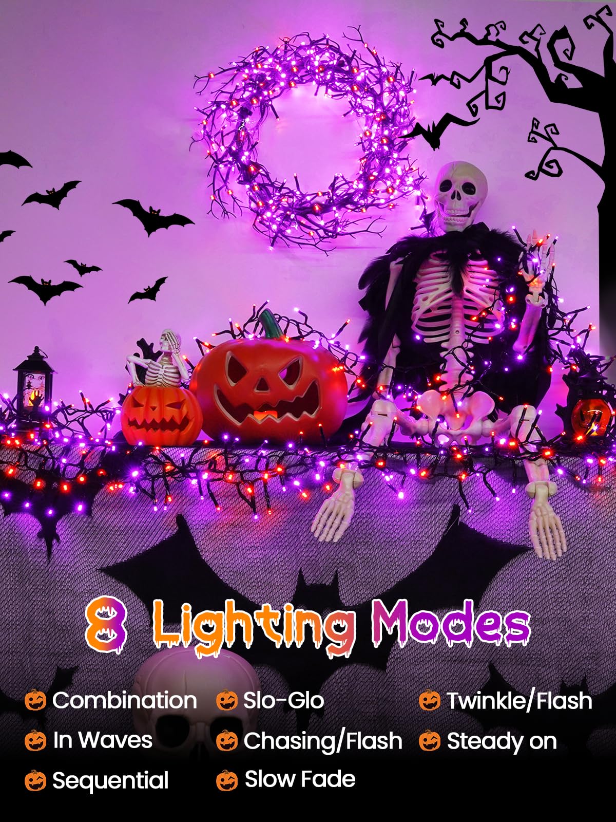 500 LED Orange and Purple Halloween Lights Plug in, Dimmable Twinkle Lights with Remote 8 Modes and Timer, 25FT Waterproof Fairy String Light for Indoor Outdoor Horror Party Tree Decorations