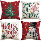 Artscope Christmas Tree Snowman Throw Pillow Covers 18x18 Inch Set of 4, Let It Snow Holly Jolly Winter Hoilday Christmas Decoration Pillow Cases for Home Sofa Couch Decor-Red