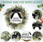 Lighted Christmas Wreath for Front Door with Metal Hanger 16'' Artificial Norfolk Wreath with Velvet Bow LED Lights Jingle Bells Pinecone Berries Christmas Holiday Winter Decor(Black)