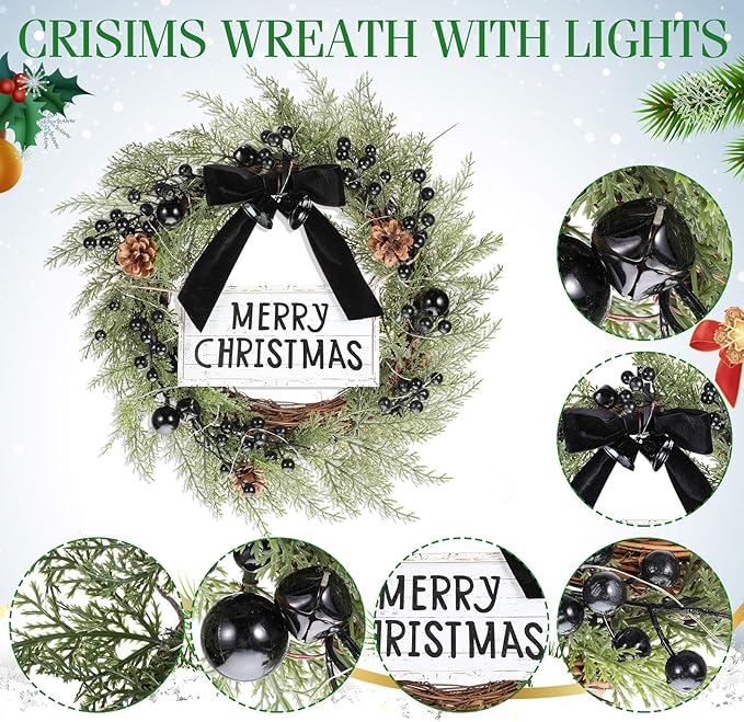 Lighted Christmas Wreath for Front Door with Metal Hanger 16'' Artificial Norfolk Wreath with Velvet Bow LED Lights Jingle Bells Pinecone Berries Christmas Holiday Winter Decor(Black)