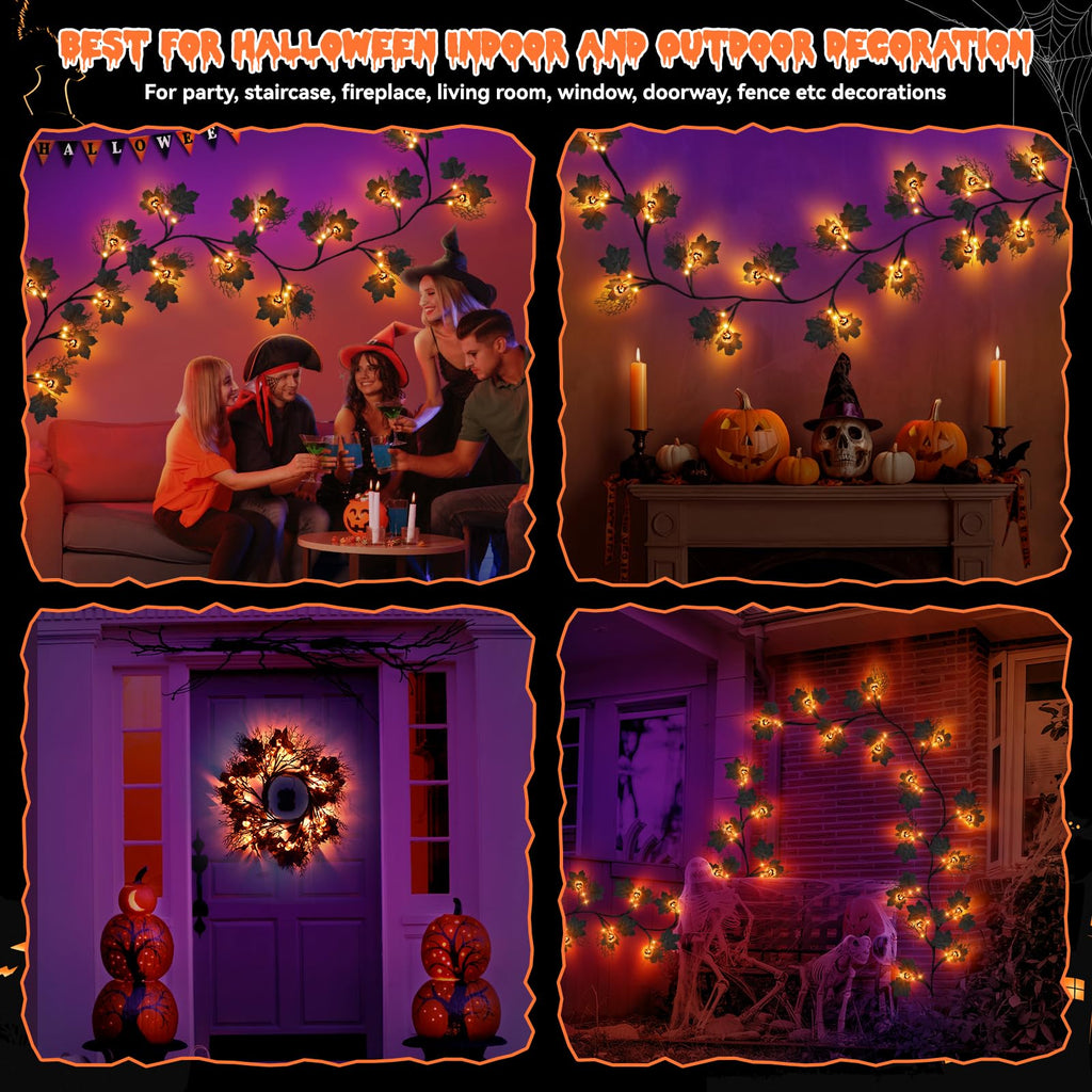 6 FT 54 LED Halloween Lights, 8 Modes & Timer Battery Operated Halloween Pumpkins Lights with Willow Vine Twig Garland, 3D Waterproof Decorations Lights for Home Indoor Wall Fireplace Mantle Party