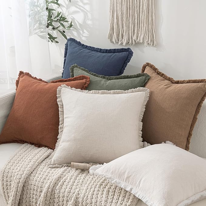 MIULEE Christmas Decorative Throw Pillow Covers Neutral Linen Fringe Throw Pillows Euro Shams Set of 2 Natural Beige Boho Farmhouse Cushion Covers for Couch Sofa Bed Living Room Home Decor 26x26 Inch