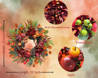 Svndlyn 22 Inch Fall Chrysanthemum Wreath Harvest Floral Wreath with Apples Pinecones Berries and Eucalyptus Maple Leaves for Fall Thanksgiving Halloween Mantel Table Outdoor Front Door Wall Window