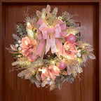 22inch Christmas Pink Wreath for Front Door with 30 LED Lights,Elegant Magnolia Christmas Door Wreath,Festive Holiday Decor, Frosted Winter Pink Decorations for Wedding