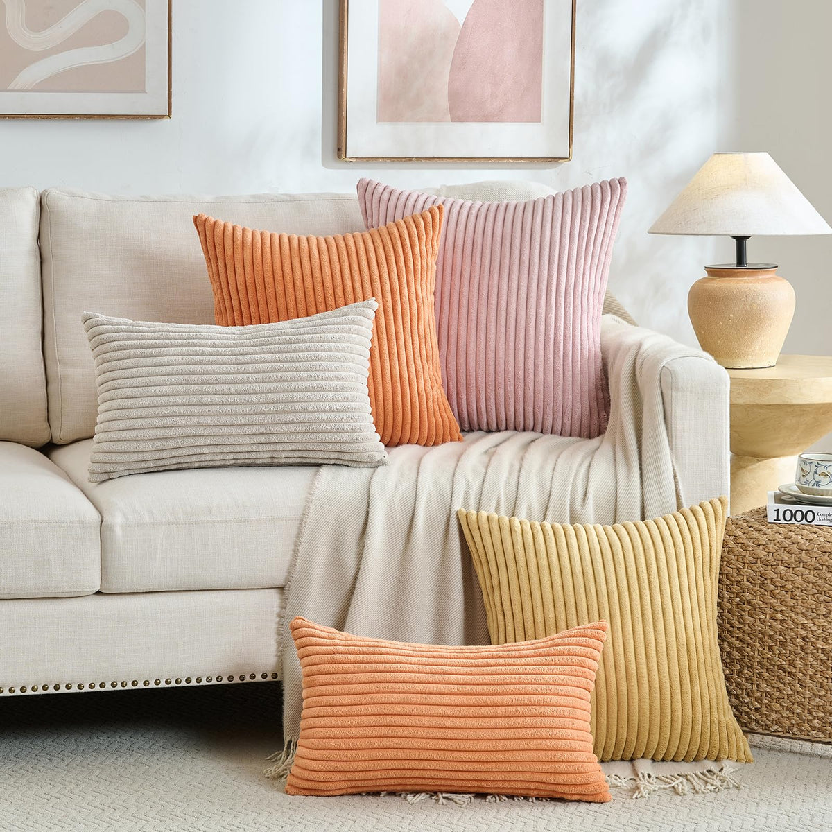Fancy Homi Set of 2 Orange Fall Lumbar Rectangle Throw Pillow Covers 12x20 Inch for Couch Bed Chair, Autumn Halloween Thanksgiving Gift, Soft Plush Thick Striped Corduroy Aesthetic Home Decor 30x50cm