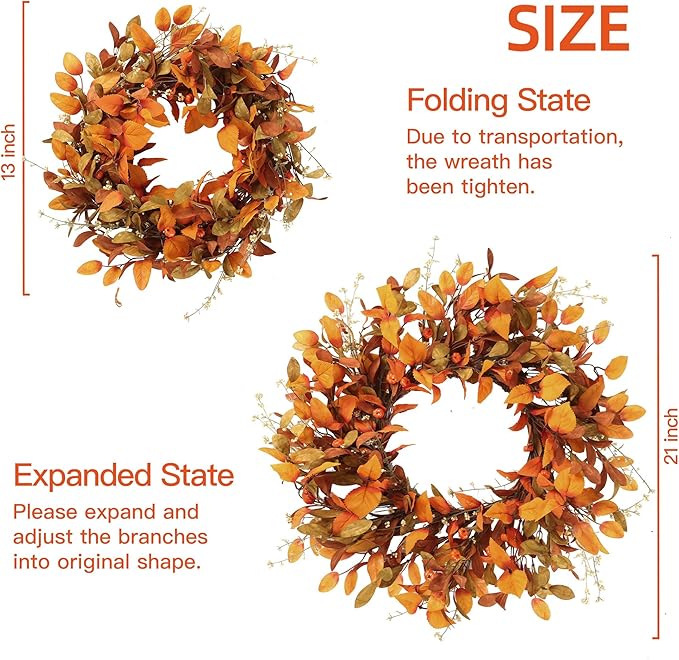 Sggvecsy Artificial Fall Wreath 21’’ Autumn Front Door Wreath with Fall Leaves Small Pumpkins Cluster of Berries for Outside Indoor Wall Window Festival Thanksgiving Fall Harvest Autumn Decor