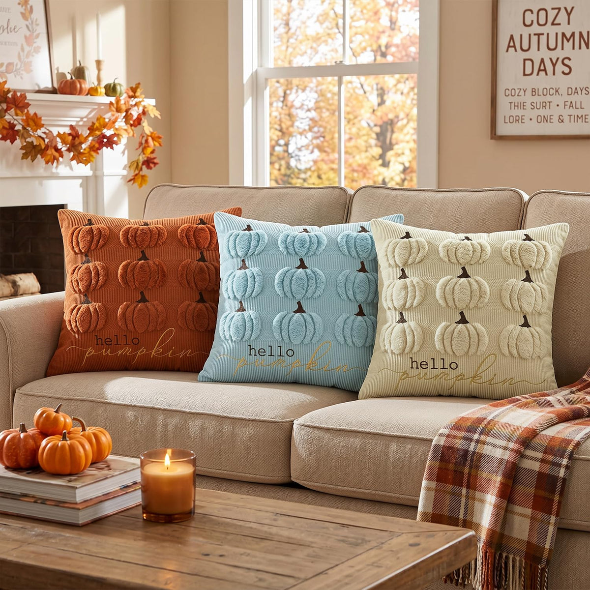 AVOIN colorlife Beige Hello Pumpkin Fall Embroidery Throw Pillow Covers, 18 x 18 Inch Autumn Harvest Thanksgiving Soft Plush Faux Fur Jacquard Cushion Case Decoration for Sofa Couch Set of 2