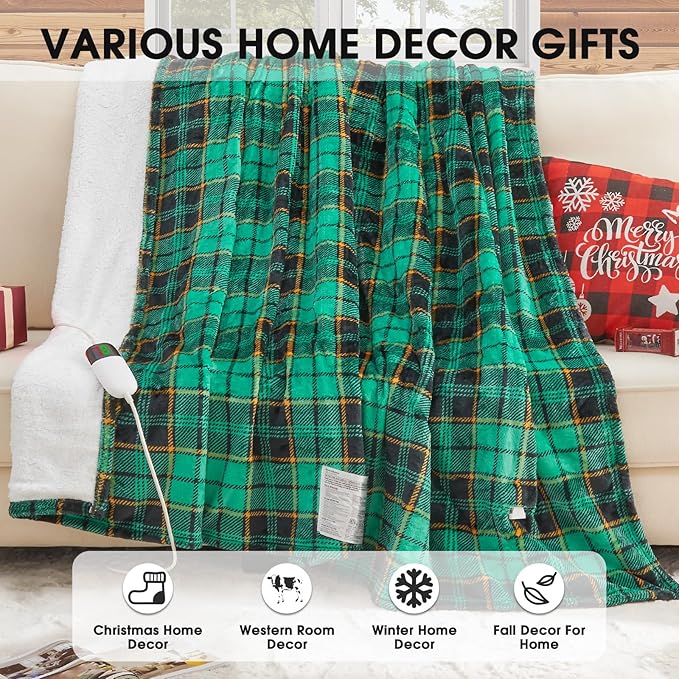 Green Heated Blanket Electric Twin Size 62X84, Christmas Heating Blanket, Plaid Sherpa Winter Blankets Warmer, 10 Heating Levels & 8-Hour Auto Off, Fast Heated House Warming Gifts New Home Decor