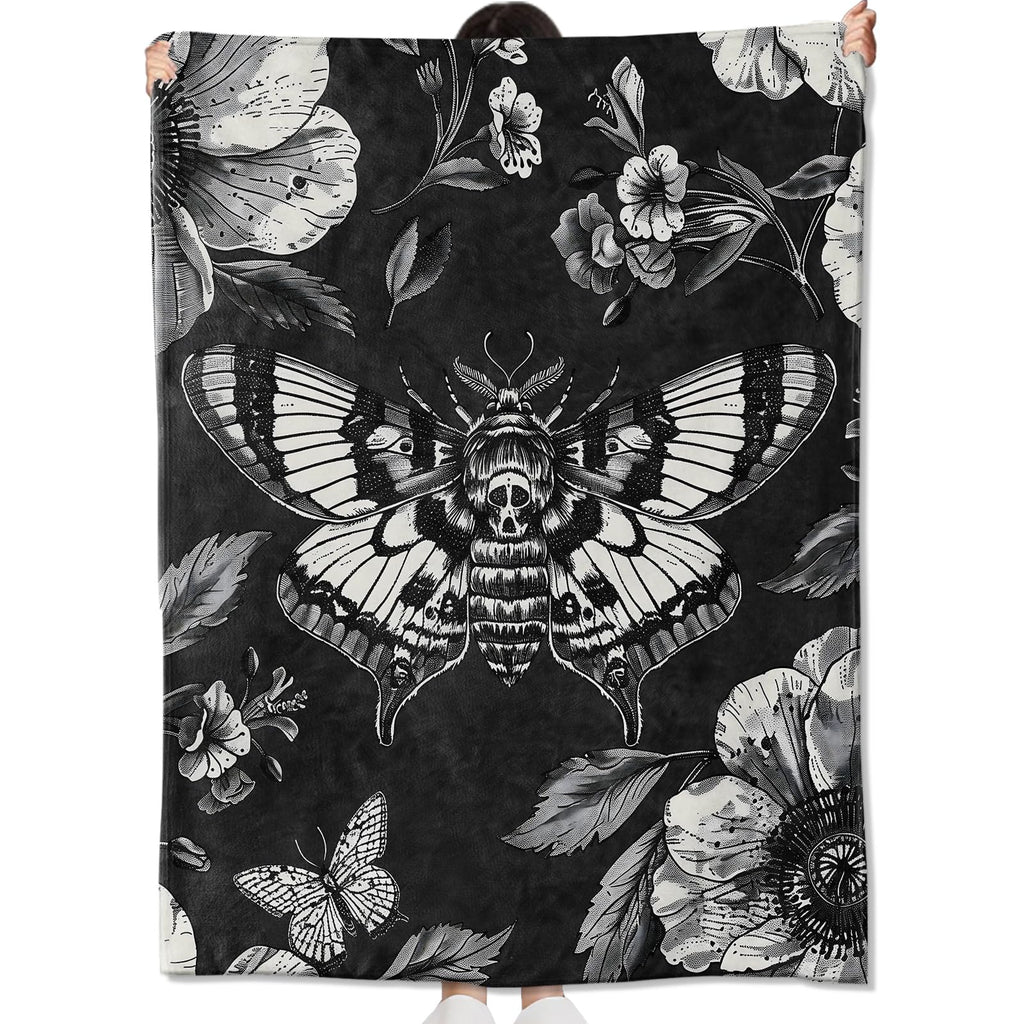 amepay Gothic Moth and Skull Blanket Gifts for Kids Adult Women,Goth Floral Dark Art Flannel Throw Blankets,Soft Comfy Lightweight for Halloween Couch Bed Sofa Bold Modern Decor,Horror Lovers 60x50in