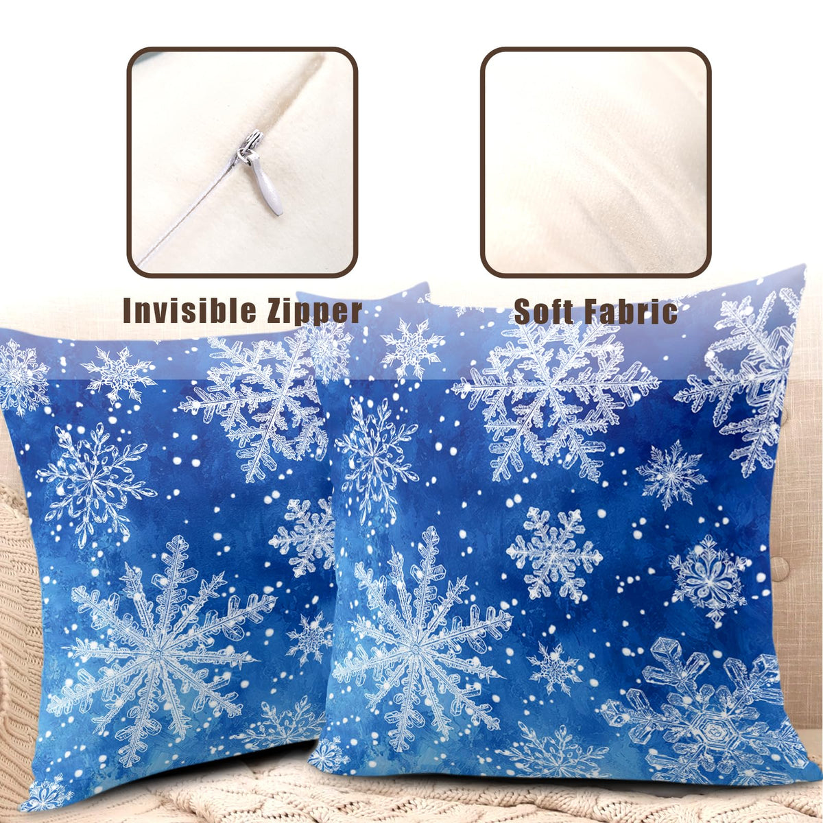 Wnoesat Winter Blue Snowflake Throw Pillow Covers 18x18 Set of 2 Merry Christmas Snowflakes Decorative Pillow Cases Xmas Holiday Outdoor Pillowcase for Farmhouse Living Room Decor