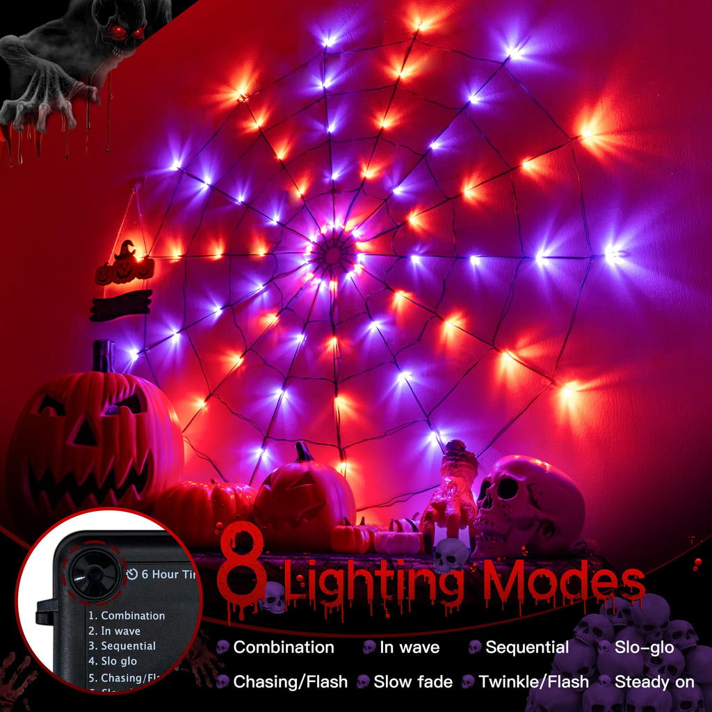 Ollny Spider Web Decoration 4FT 70 LED, Orange and Purple Halloween Lights with Black Spider Battery Powered 8 Modes Timer, Waterproof Cobweb String Light for Outdoor Indoor House Yard Party