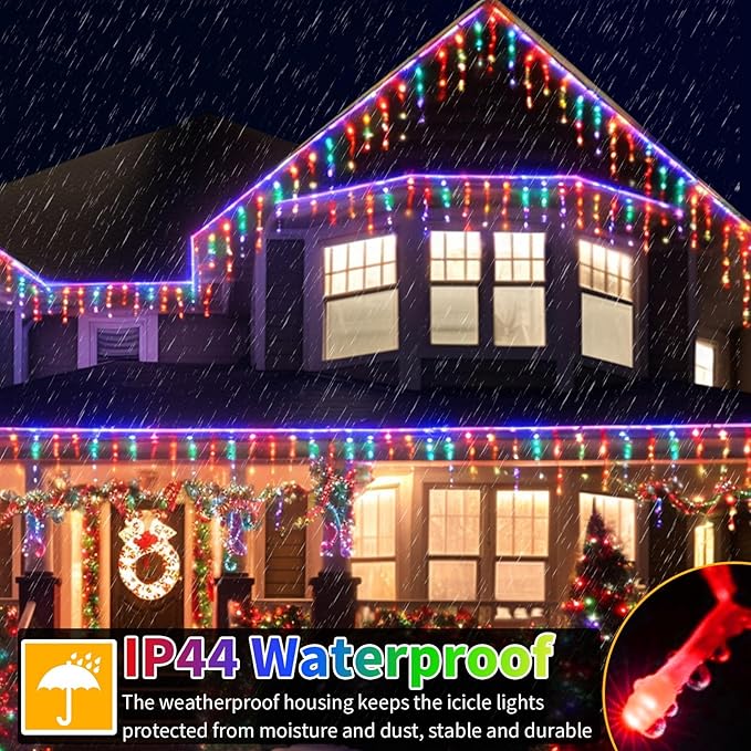 600 LED Christmas Icicle Lights Plug-in, 59ft + 16ft Multi Color Hang Icicle String Lights with Remote, 8 Modes Colorful Twinkle Icicle Fairy Lights Waterproof for Outside Eave Window Outdoor Decor