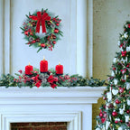 YULETIME 20" Pre-Lit Christmas Wreath, Battery Operated with 10 Fairy Lights Holiday Wreath, Red Bowknot & Baubles, Pine Cones, Red Berries, Green Leaves Holly, Spruce Branches, Pine Needles