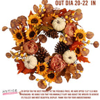 Artificial Fall Autumn Wreath 22 in with Sunflower,Peony,Pumpkin, Eucalyptus Leaf for Front Door Thanksgiving Wreaths Wall Window Harvest Festival Celebration