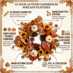 Artificial Fall Autumn Wreath 22 in with Sunflower,Peony,Pumpkin, Eucalyptus Leaf for Front Door Thanksgiving Wreaths Wall Window Harvest Festival Celebration