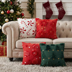 Tiamon 4 Pcs Christmas Throw Pillow Covers 18 x 18 Inch 3D Embroidered Plush Green Red Pillow Cases Christmas Tree Poinsettia Fluffy Faux Fur Cushion Covers for Sofa Couch Winter Holiday Party Decor