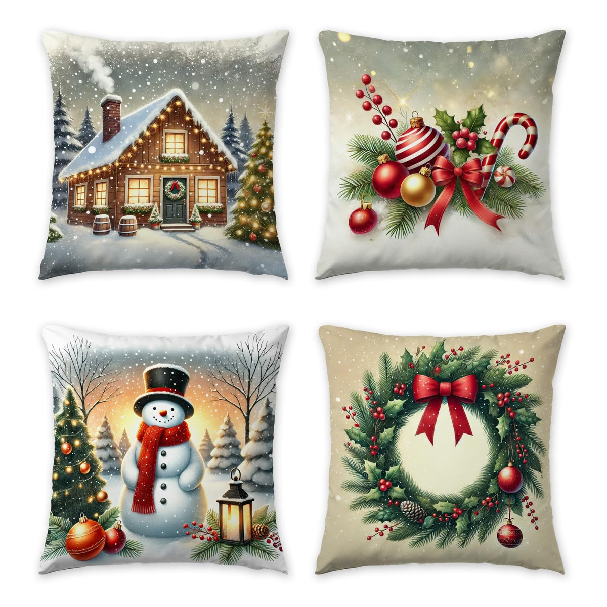 HDVUHKI Christmas Pillow Covers 16x16 inch Set of 4, Holiday Winter Outdoor Vintage Tree Snowflake Xmas Snowman Neutral Farmhouse Gold Seasonal Burlap Decorations for Sofa Couch