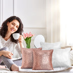Irenare 4 Pcs Sequin and Fluffy Pillow Covers Winter Throw Pillow Cases Soft Cushion Cover for Couch Bed Sofa Xmas Day (White, Rose Gold,18 x 18 Inch)