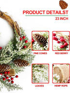 Artificial Christmas Door Wreath, Christmas Wreaths for Front Door, Window Wreaths with Pine Cone, Red Berries, Burlap Ribbon & Snowflake, Holiday Indoor/Outdoor Wreath Decorations, 23 inch