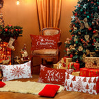 Lanpn Christmas Lumbar Throw Pillow Covers 12x22 Set of 4, Merry Christmas Winter Xmas Snowflake Decorative Holiday Cushion Pillow Cases 12 x 22 for Indoor Farmhouse Home Room Couch Decor (Red)