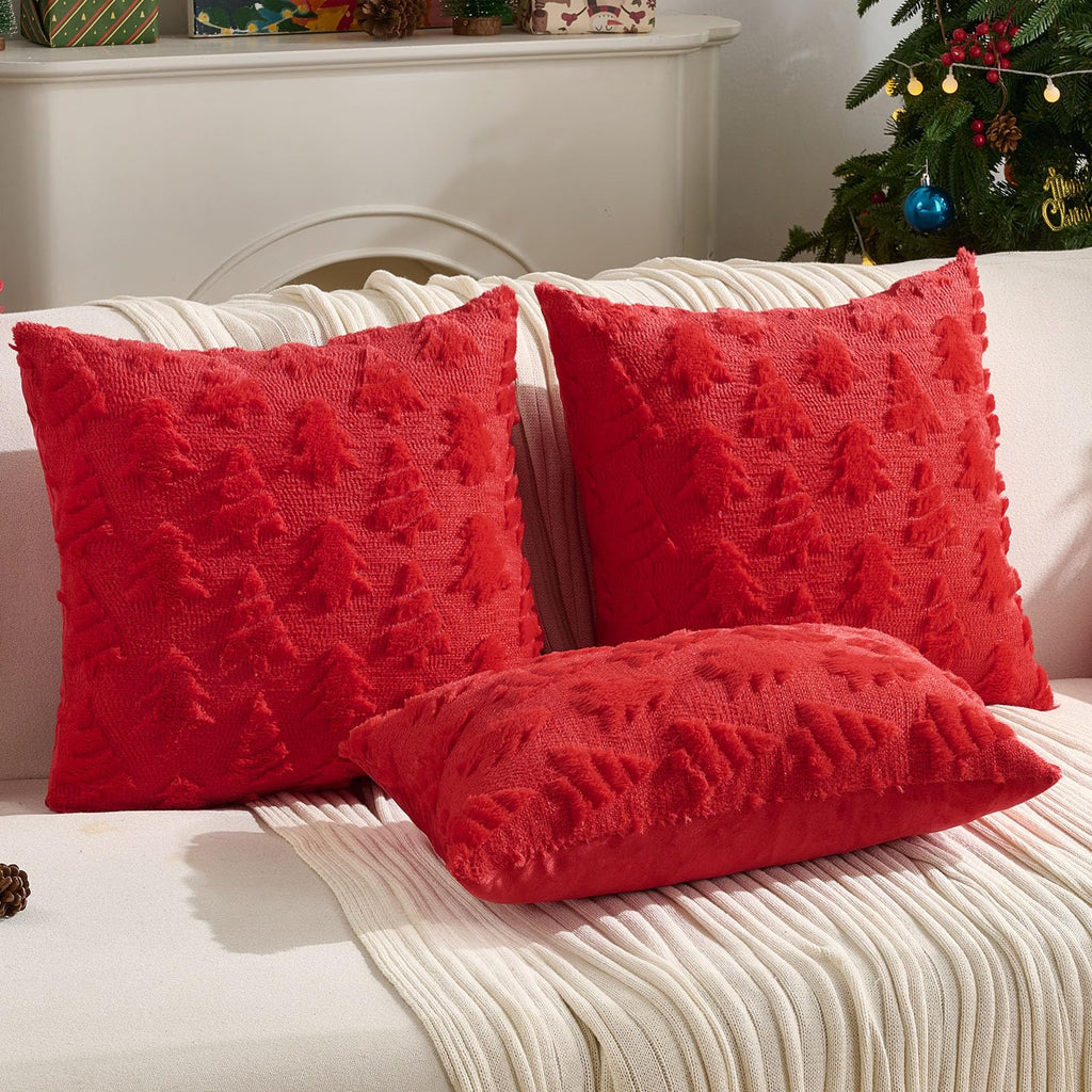 FUTEI Christmas Tree Pillow Covers 18x18 Set of 2, Red Xmas Decorations Soft Fluffy Winter Lumbar Pillow Covers for Couch Sofa Bedroom Holiday Festivals Home Decor