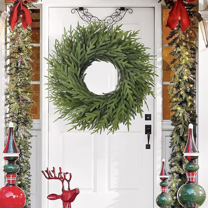 Christmas Wreaths 26" Norfolk Pine Wreath for Front Door, Artificial Christmas Wreaths Faux Green Fake Pine Needles Wreath for Front Door Wall Windows Indoor Outdoor Christmas Decor