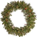 National Tree Company Pre-Lit Artificial Christmas Wreath, Green, Crestwood Spruce, White Lights, Decorated with Pine Cones, Berry Clusters, Frosted Branches, Christmas Collection, 36 Inches