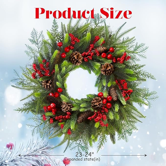 24 Inch Christmas Wreath with Red Berries, Pinecones and Greenery – Artificial Holiday Front Door Cedar Wreath for Farmhouse, Winter Indoor Outdoor Xmas Home Décor