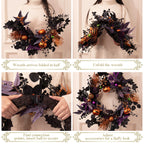 Valery Madelyn Collapsible Halloween Wreath for Front Door with Lights, 24 Inch Pre-Lit Jack-o'-Lantern Pumpkin Wreath Halloween Decorations for Centerpiece Window Indoor Party Holiday Wall Home Decor
