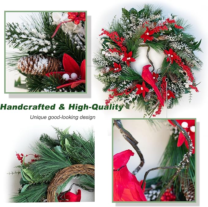 Christmas Wreath with Lights, Soomeir 24 Inch Lighted Christmas Wreaths for Front Door with Pine Needles and Berries, Large Prelit Wreath for Holiday Winter Window Outdoor Indoor Xmas