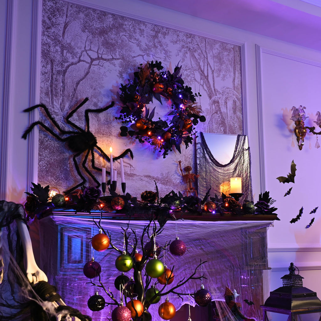 Valery Madelyn Collapsible Halloween Wreath for Front Door with Lights, 24 Inch Pre-Lit Jack-o'-Lantern Pumpkin Wreath Halloween Decorations for Centerpiece Window Indoor Party Holiday Wall Home Decor