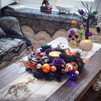Valery Madelyn 18 Inch Halloween Wreath with Lights for Front Door, Collapsible Pre-Lit Wreath with Fake Crow Pumpkin Halloween Decorations for Home Wall Decor