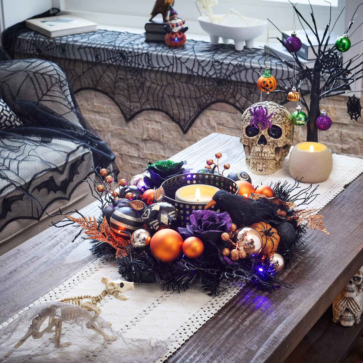 Valery Madelyn 24 Inch Halloween Wreath with Lights for Front Door, Collapsible Pre-Lit Wreath with Fake Crow Pumpkin Halloween Decorations for Home Wall Decor