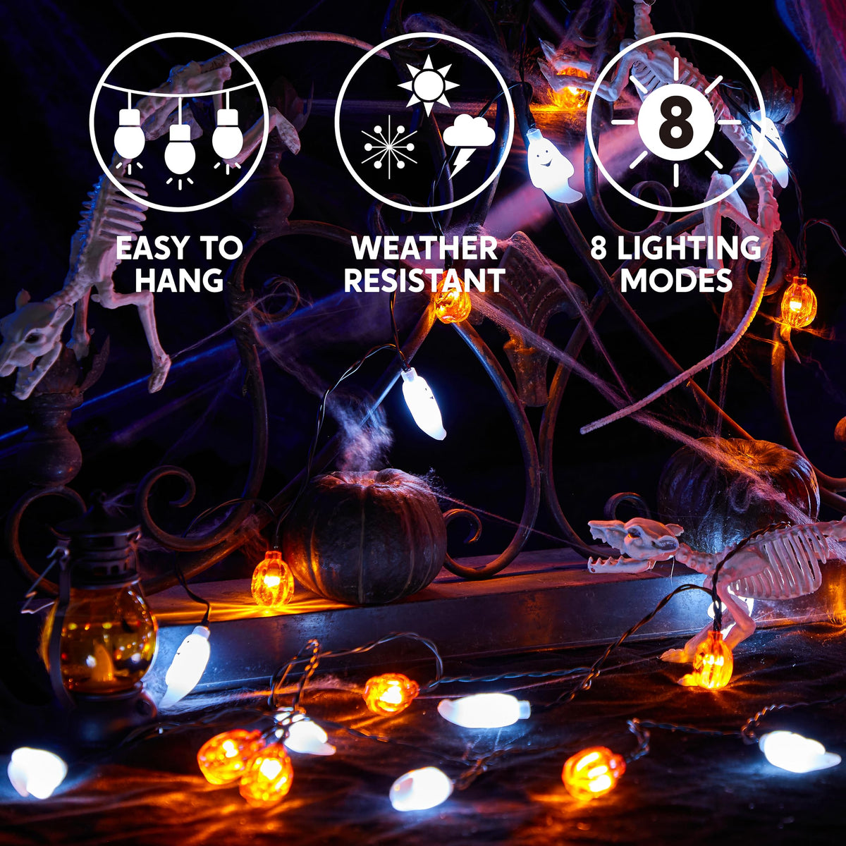 JOYIN Halloween String Lights Decorations, 19.7FT 30 LED Battery Operated Ghost Pumpkin 3D String Light with 8 Lighting Modes for Home Indoor Outdoor Halloween Party Decor(Orange/White Color)