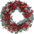 Artificial Christmas Wreath 22inch Christmas Wreaths for Front Door Xmas Red Berry Wreath with Eucalyptus Leaves Pine Needles Red Berries for Wall Farmhouse Window Winter Holidays