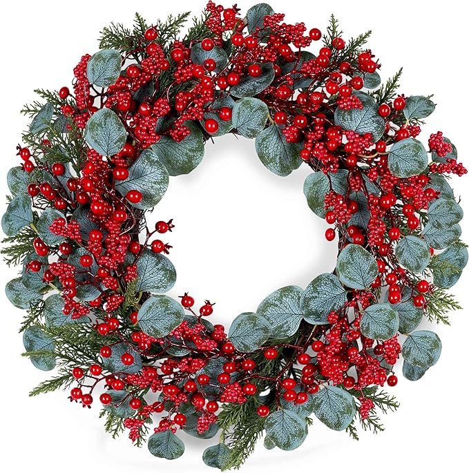 Artificial Christmas Wreath 22inch Christmas Wreaths for Front Door Xmas Red Berry Wreath with Eucalyptus Leaves Pine Needles Red Berries for Wall Farmhouse Window Winter Holidays
