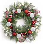 Valery Madelyn 24'' Pre-Lit Christmas Wreath for Front Door with Light, Large Lighted Outdoor Christmas Wreath with Red White Xmas Ball Norfolk Pine for Home Porch Fireplace Window Holiday Decor