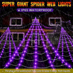 uesreaxy Halloween Decorations Outdoor, 250LED 23x18 FT Giant Spider Web with Purple Lights, Lighted Triangular Black Spider Web with Sturdy Wire, Waterproof, Timer, 8 Modes for Yard Halloween Décor