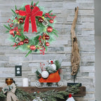 YULETIME 20" Pre-Lit Christmas Wreath, Battery Operated with 10 Fairy Lights Holiday Wreath, Red Bowknot & Baubles, Pine Cones, Red Berries, Green Leaves Holly, Spruce Branches, Pine Needles
