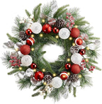 Valery Madelyn 20'' Pre-Lit Christmas Wreath for Front Door with Light, Lighted Christmas Door Wreath with Red White Xmas Ball Norfolk Pine Branches for Home Porch Fireplace Window Holiday Decor