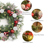Valery Madelyn 24'' Pre-Lit Christmas Wreath for Front Door with Light, Large Lighted Outdoor Christmas Wreath with Red White Xmas Ball Norfolk Pine for Home Porch Fireplace Window Holiday Decor