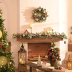 Valery Madelyn 20'' Pre-Lit Christmas Wreath for Front Door with Light, Lighted Christmas Door Wreath with Red Green White Xmas Ball Norfolk Pine Branch for Home Porch Fireplace Window Holiday Decor