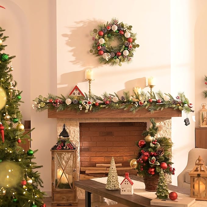 Valery Madelyn 20'' Pre-Lit Christmas Wreath for Front Door with Light, Lighted Christmas Door Wreath with Red Green White Xmas Ball Norfolk Pine Branch for Home Porch Fireplace Window Holiday Decor