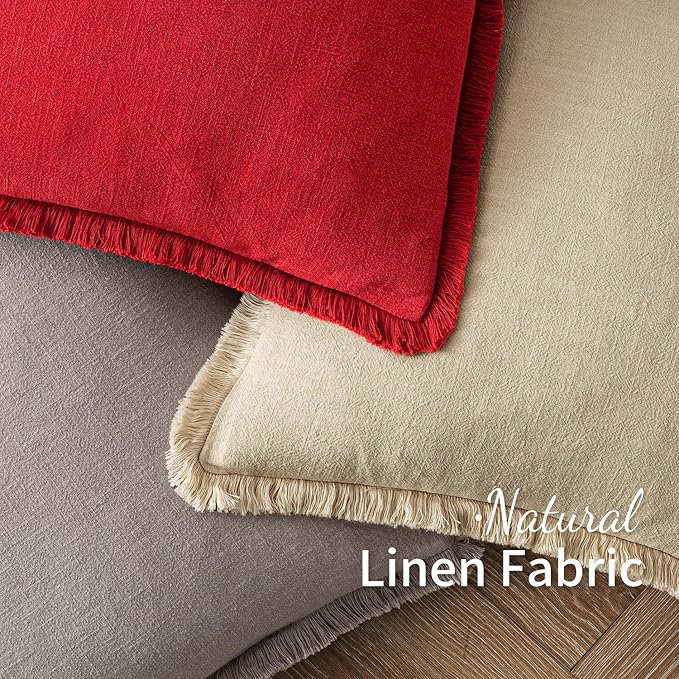 MIULEE Christmas Decorative Throw Pillow Covers Neutral Linen Fringe Throw Pillows Euro Shams Set of 2 Red Boho Farmhouse Cushion Covers with Tassels for Couch Sofa Bed Living Room Decor 22x22 Inch